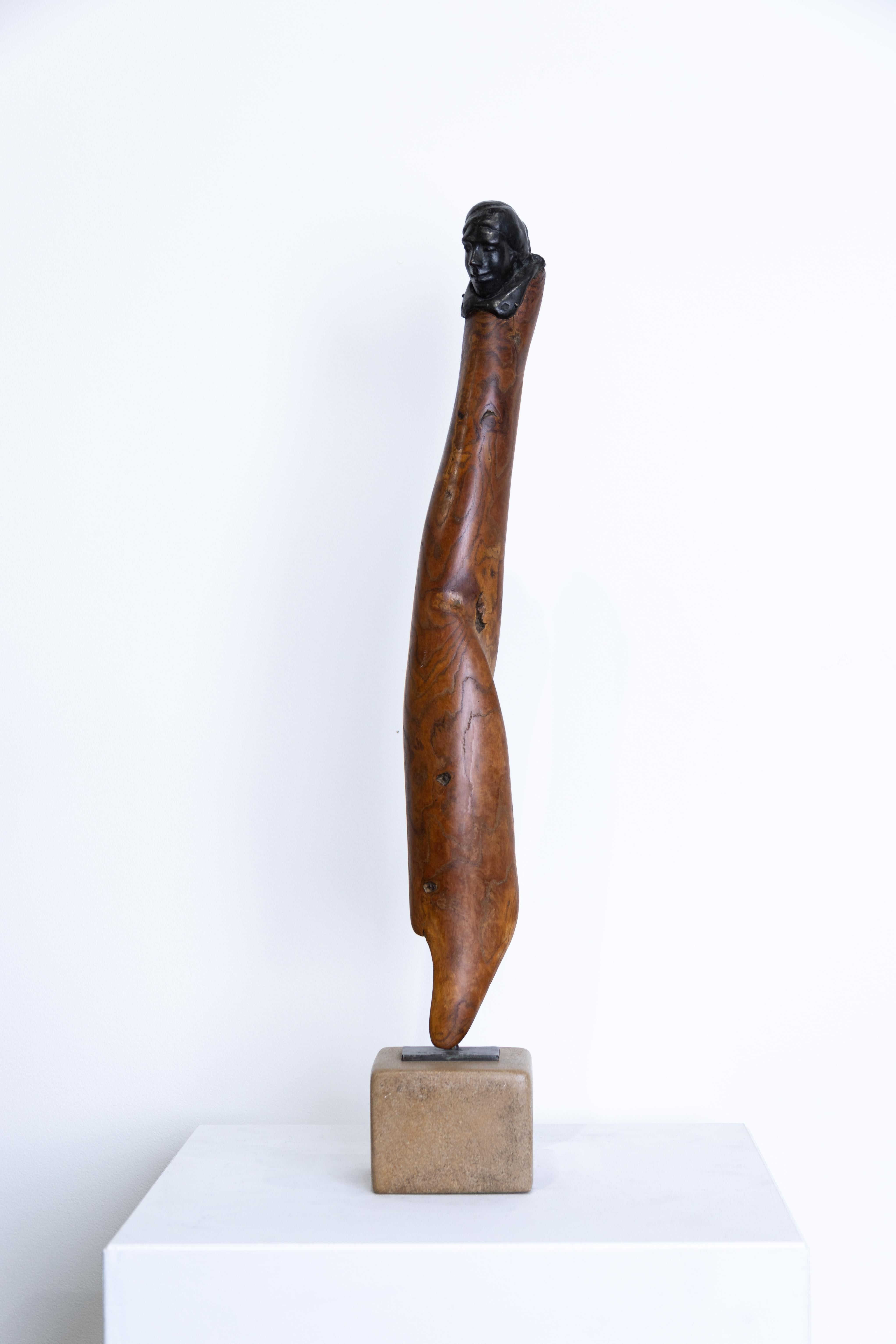 Kegham Tazian Abstract Sculpture - "Draped Figure" Sassafras & Bronze, Figurative Sculpture, 1982