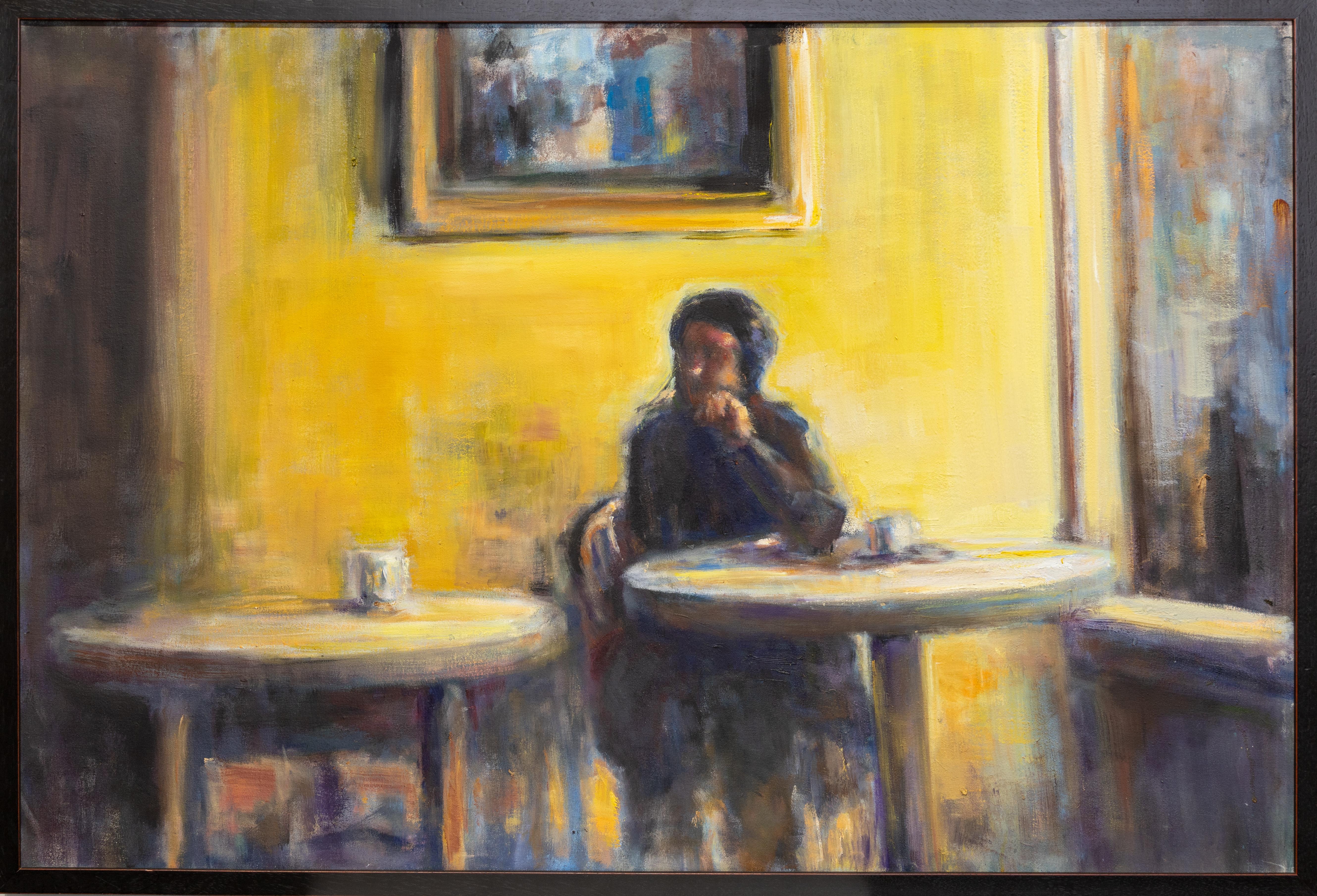 John Osler Figurative Painting - "One More Day" Figurative, Cafe, Interior, Yellow, Blue, Oil, Canvas
