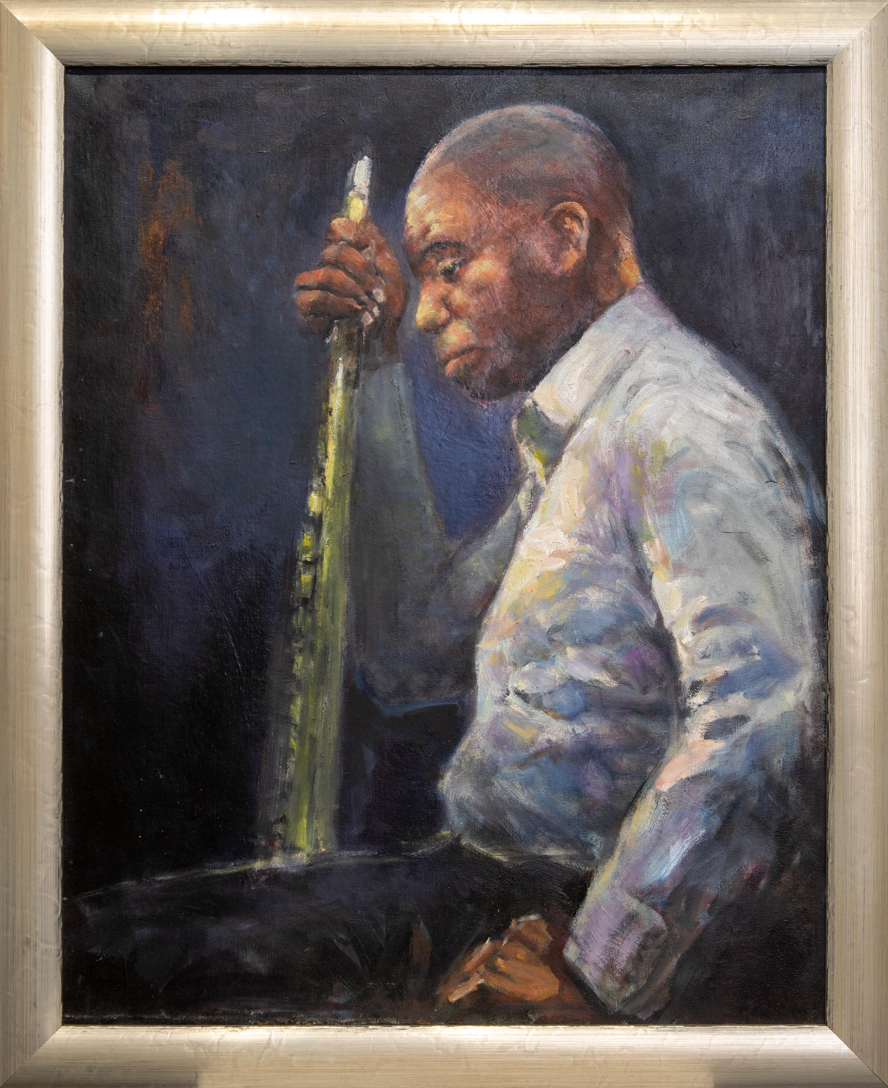 John Osler Figurative Painting - "Branford Marsalis" Musician at Break, Clarinet, Thoughtful, Listening, Oil