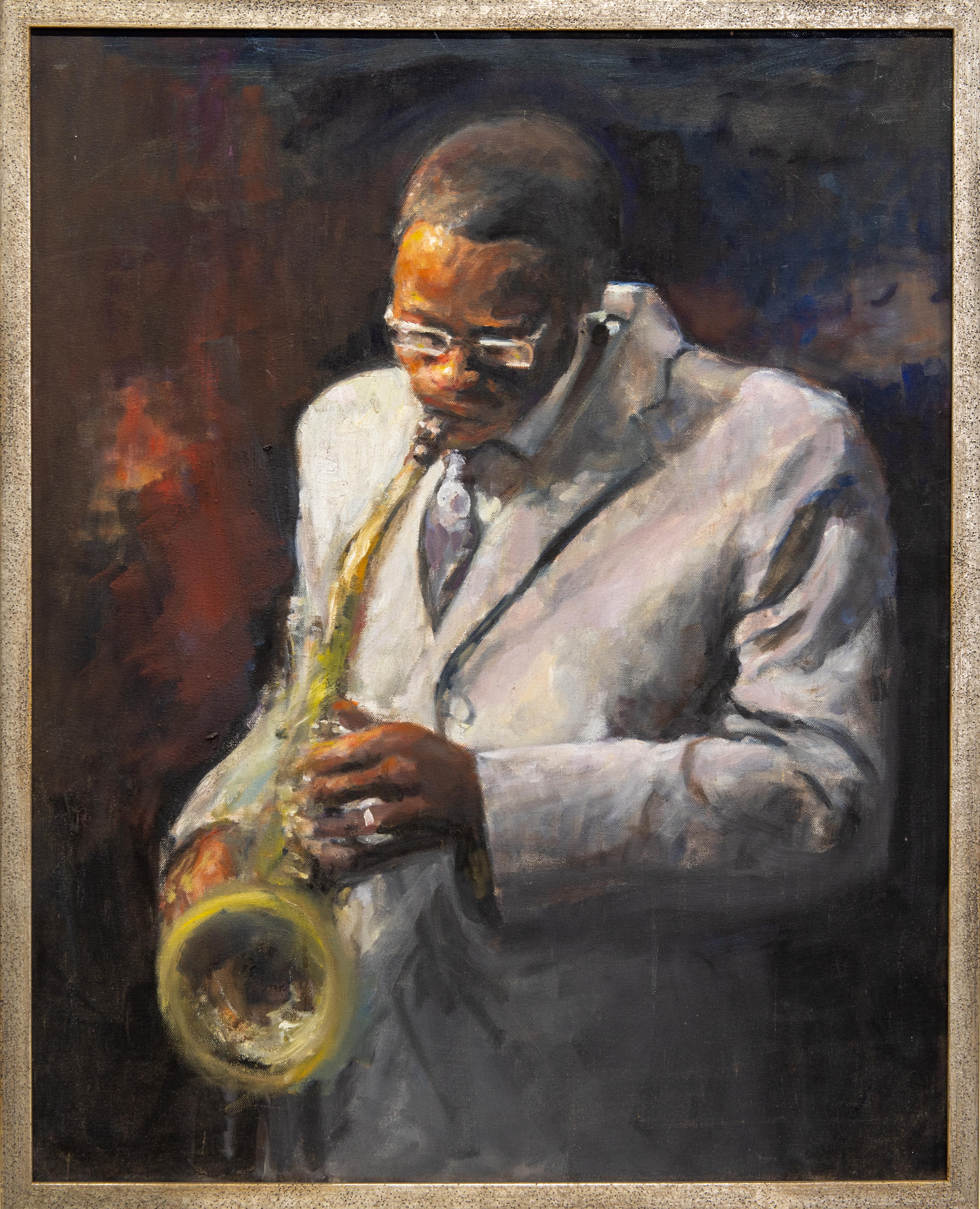 John Osler Figurative Painting - "Sax" Musician Playing Sax, Figurative, White Suit, Oil, Canvas