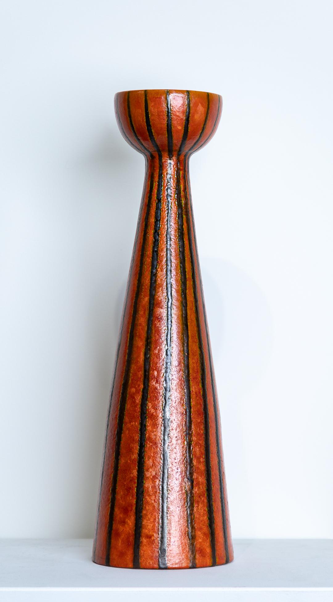 "Mid-Century Modern Red Vase" Burnished Red, Black Stripe, Ceramic