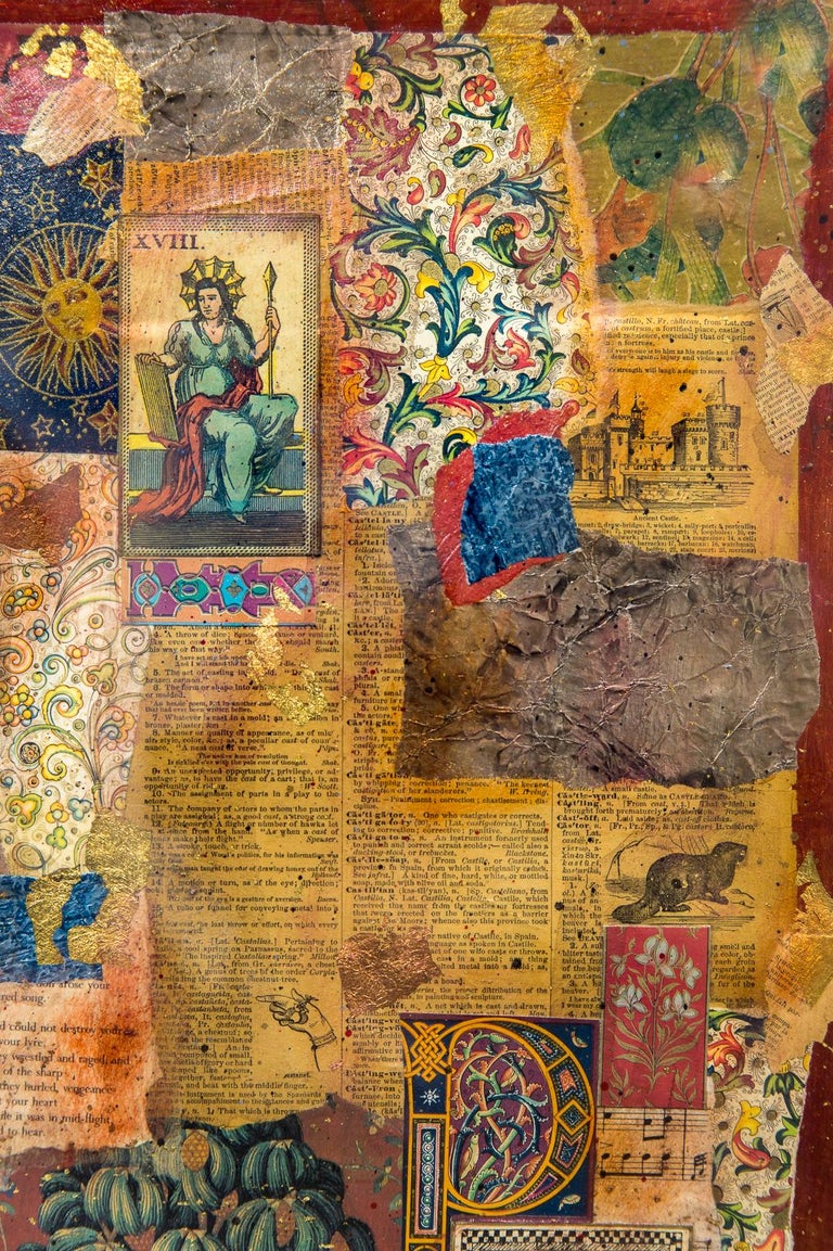 This mixed media collage by Melanie Boone is a delightful and strikingly layered composition that evokes the wonder of a medieval tapestry or a troubador caravan. Among the materials used to create this exquisite piece are tarot cards and