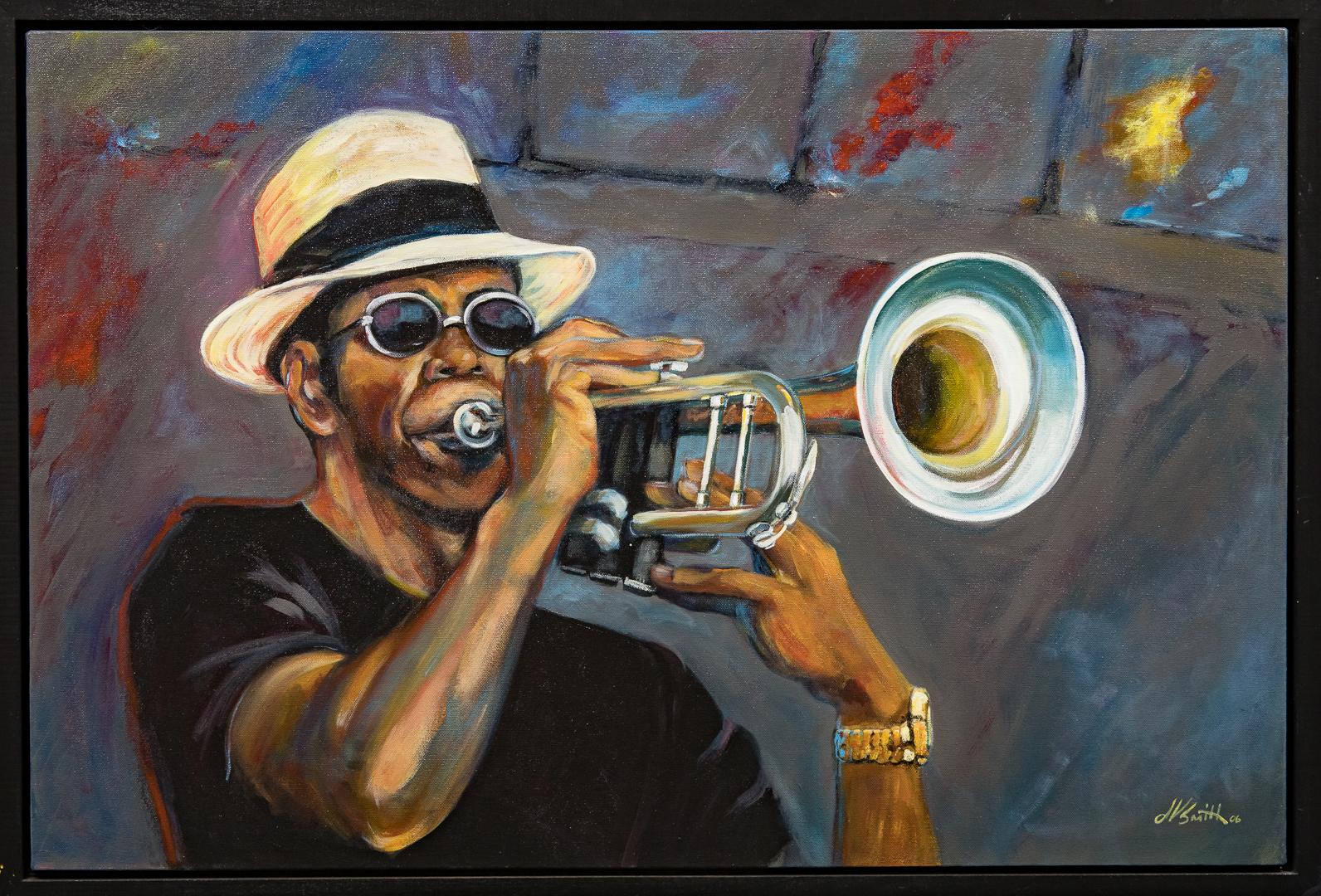 Dennis K. Smith  Figurative Painting - "Solo Trumpet" Male, Instrument, Colors, Figurative