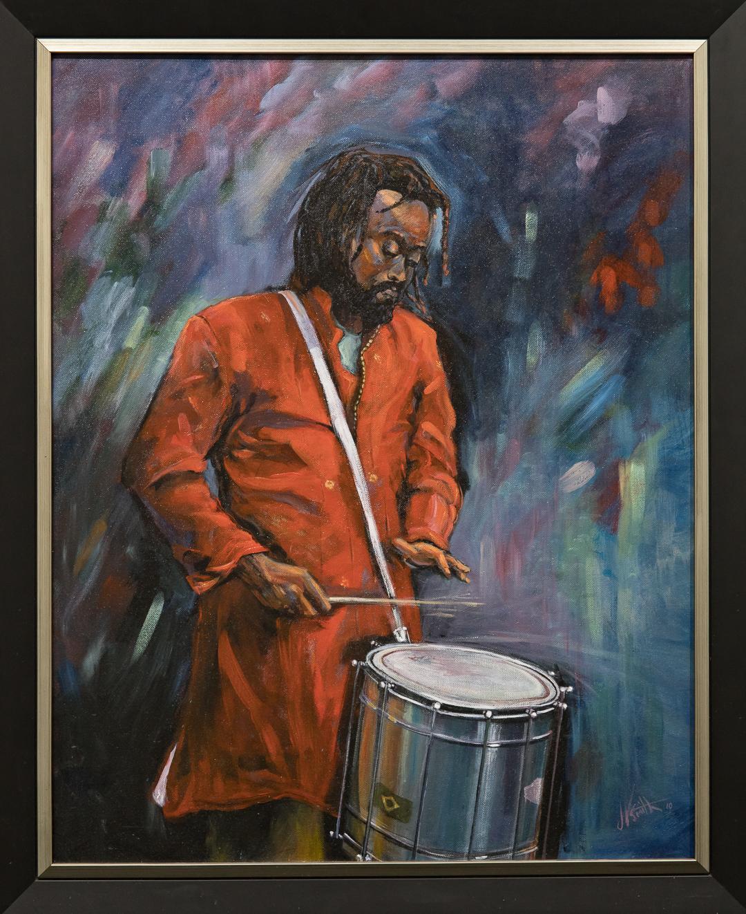 Dennis K. Smith  Figurative Painting - "Drummer in Red" Lone Figure, Male Drummer, Instrument, Colors, Acrylic