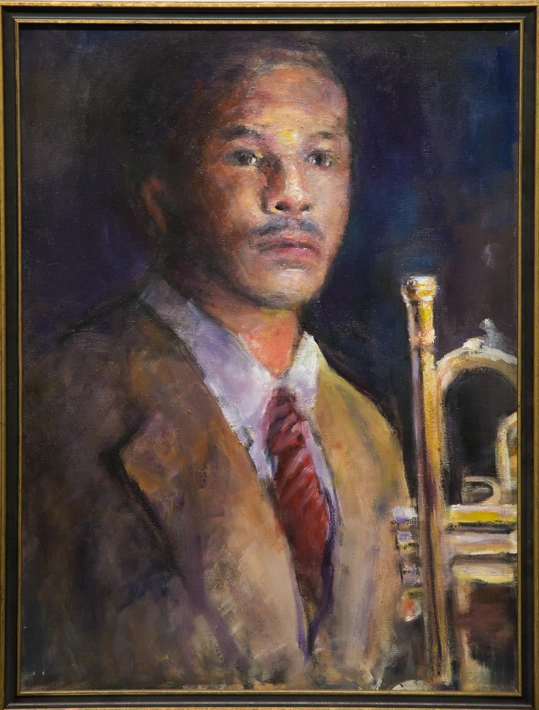 Portrait Painting John Osler - ""Nola Jazzman" Musician, Figure masculine, trompette, portrait, couleurs