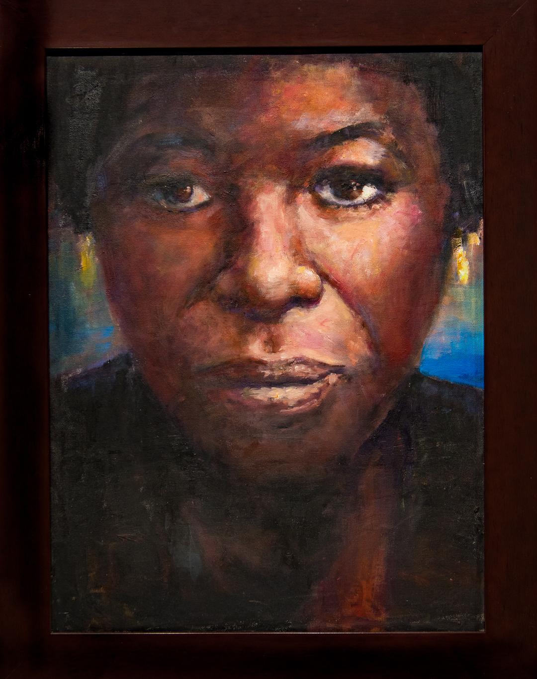 John Osler Figurative Painting - "Detroiter" Female, Portrait, Colors, Direct Gaze