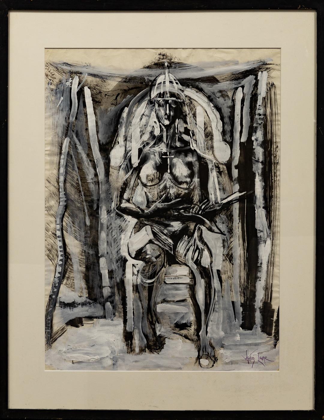 Artis Lane Figurative Art - "Nude on Throne" Female, Frontal, Symbolism, Black & White, Abstract