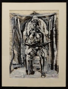 "Nude on Throne" Female, Frontal, Symbolism, Black & White, Abstract