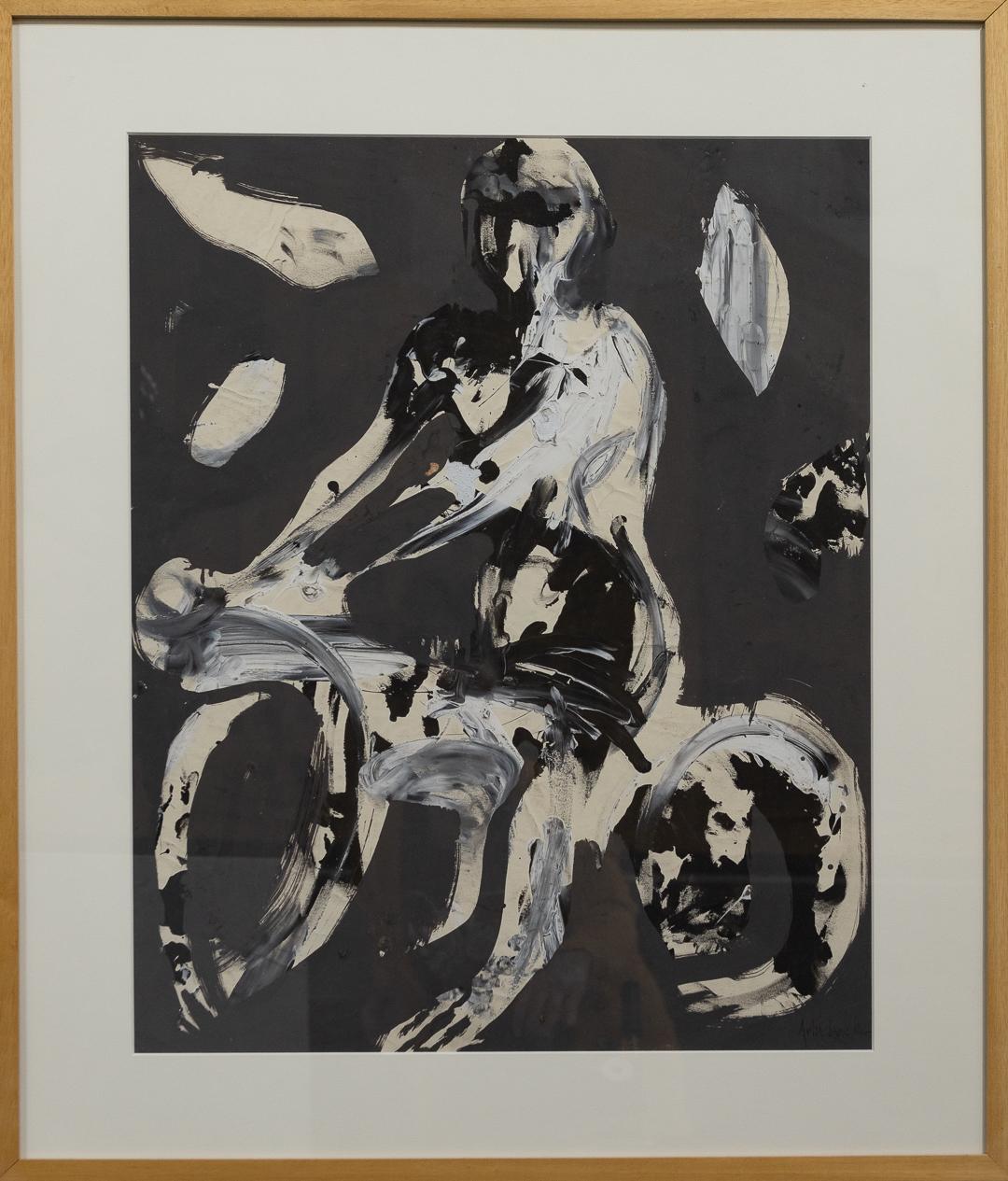 "Seated Man on Motorcycle" Mixed Media, Abstract, Duo-Toned, Nude, Primitive - Mixed Media Art by Artis Lane