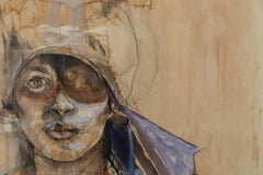 "Autoritratto", ritratto frontale femminile, tecnica mista su carta, colori delicati