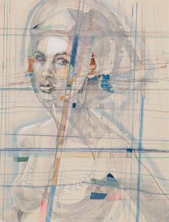"Spiritual Self-Portrait" Watercolor, Ink, Portrait, Nude, Linear Grid, Colors