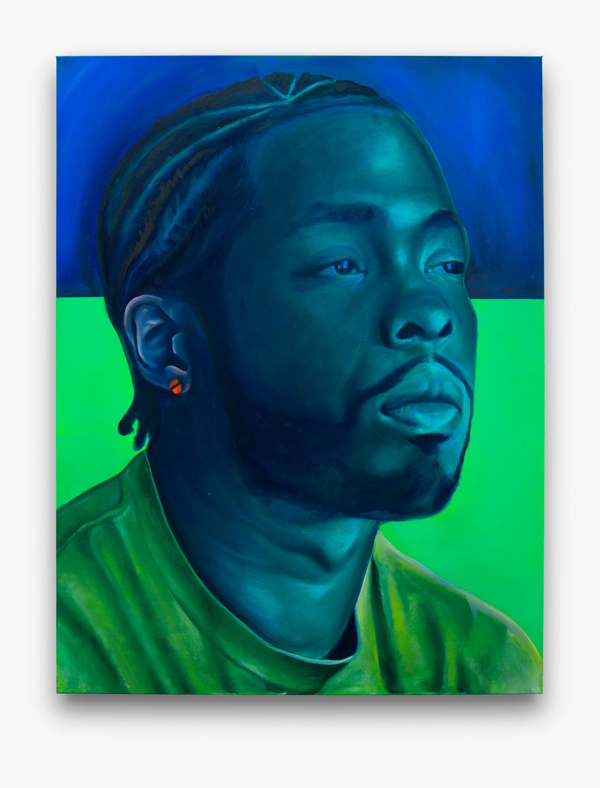Ijania Cortez Portrait Painting - "Carlos II" Portrait, Blues, Greens, Acrylic, Psychological Drama