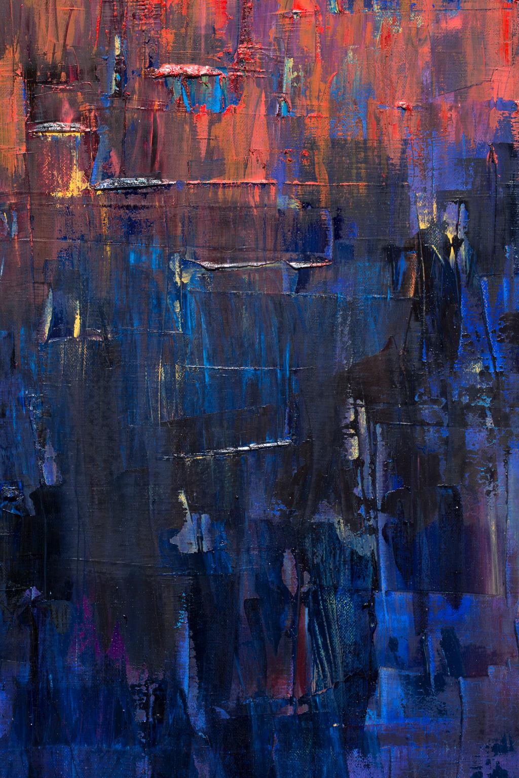 « Au-delà du mur »  Huile sur toile, bleus brillants, rouge, expressionniste abstrait - Painting de Robert Piatek