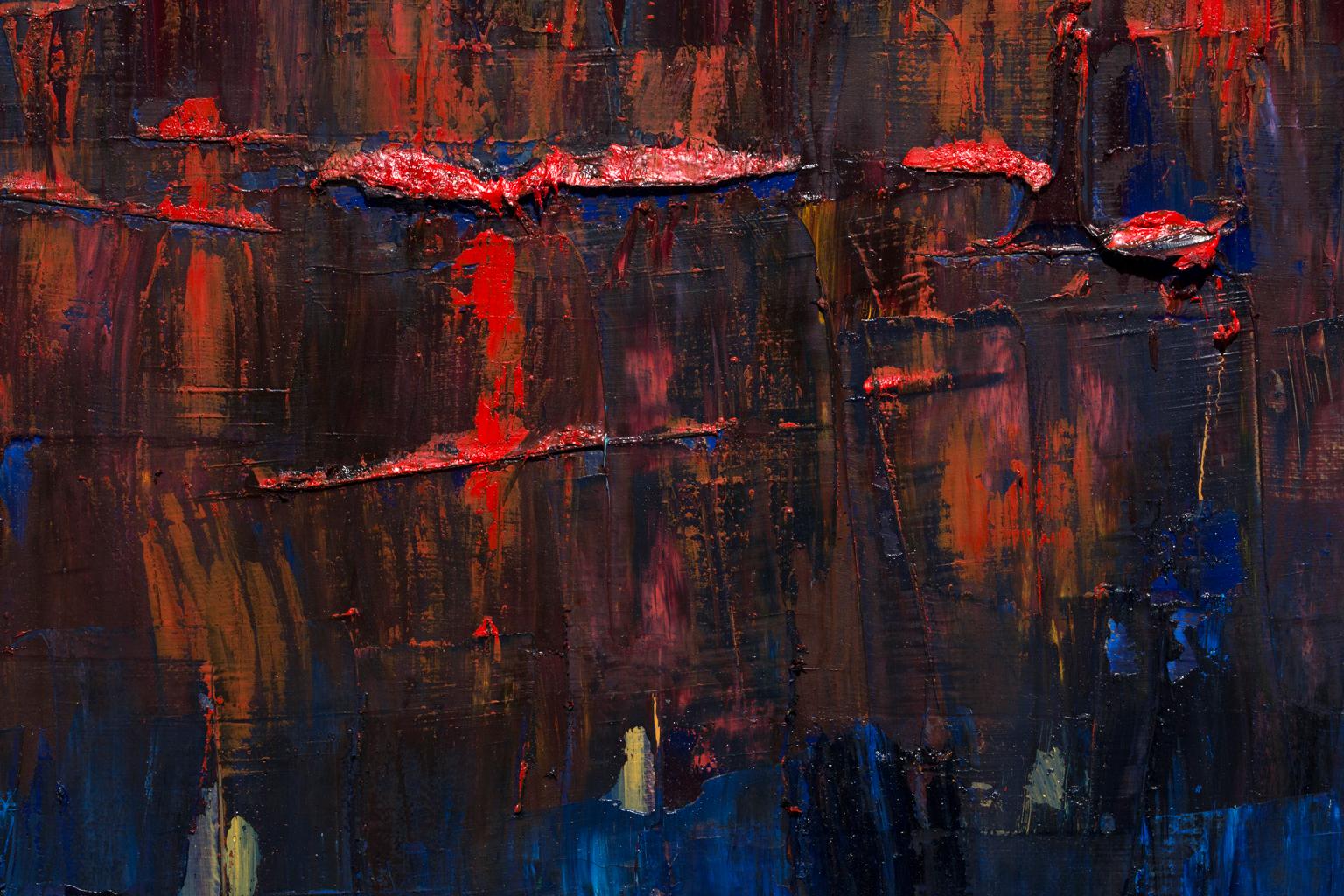 « Au-delà du mur »  Huile sur toile, bleus brillants, rouge, expressionniste abstrait - Expressionnisme abstrait Painting par Robert Piatek