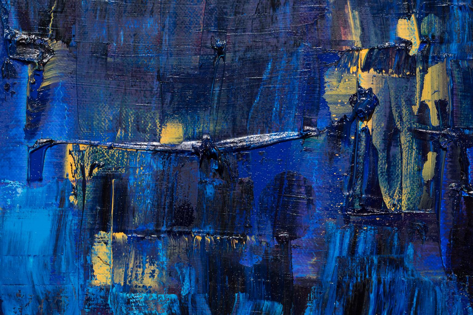 « Au-delà du mur »  Huile sur toile, bleus brillants, rouge, expressionniste abstrait en vente 1