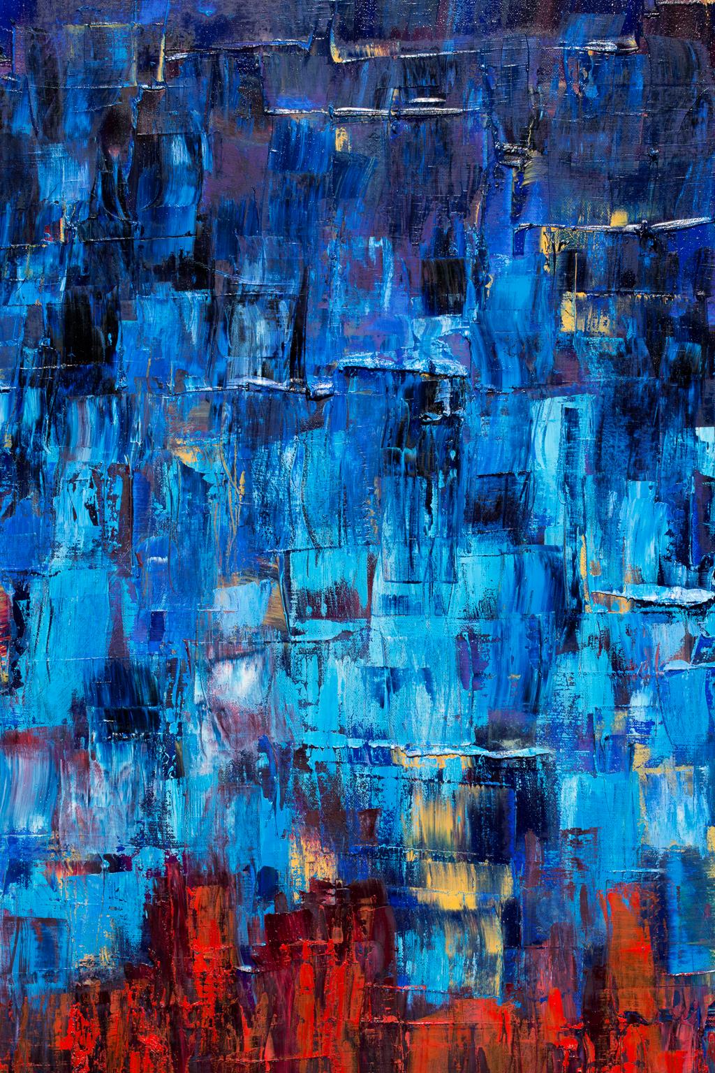 « Au-delà du mur »  Huile sur toile, bleus brillants, rouge, expressionniste abstrait en vente 2