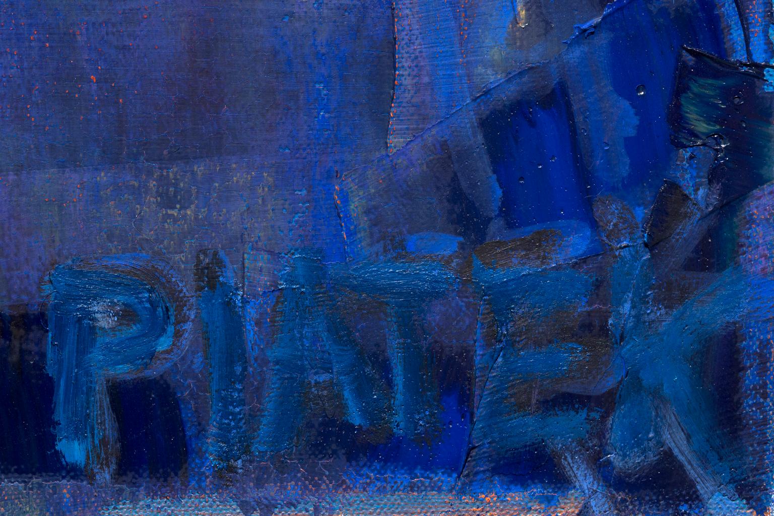 « Au-delà du mur »  Huile sur toile, bleus brillants, rouge, expressionniste abstrait en vente 3