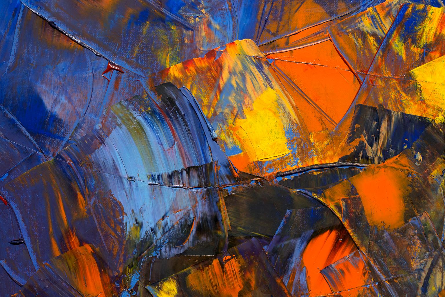 « In the Beginning », abstrait, couleurs brillantes de bleu, rouge, jaune, huile - Painting de Robert Piatek