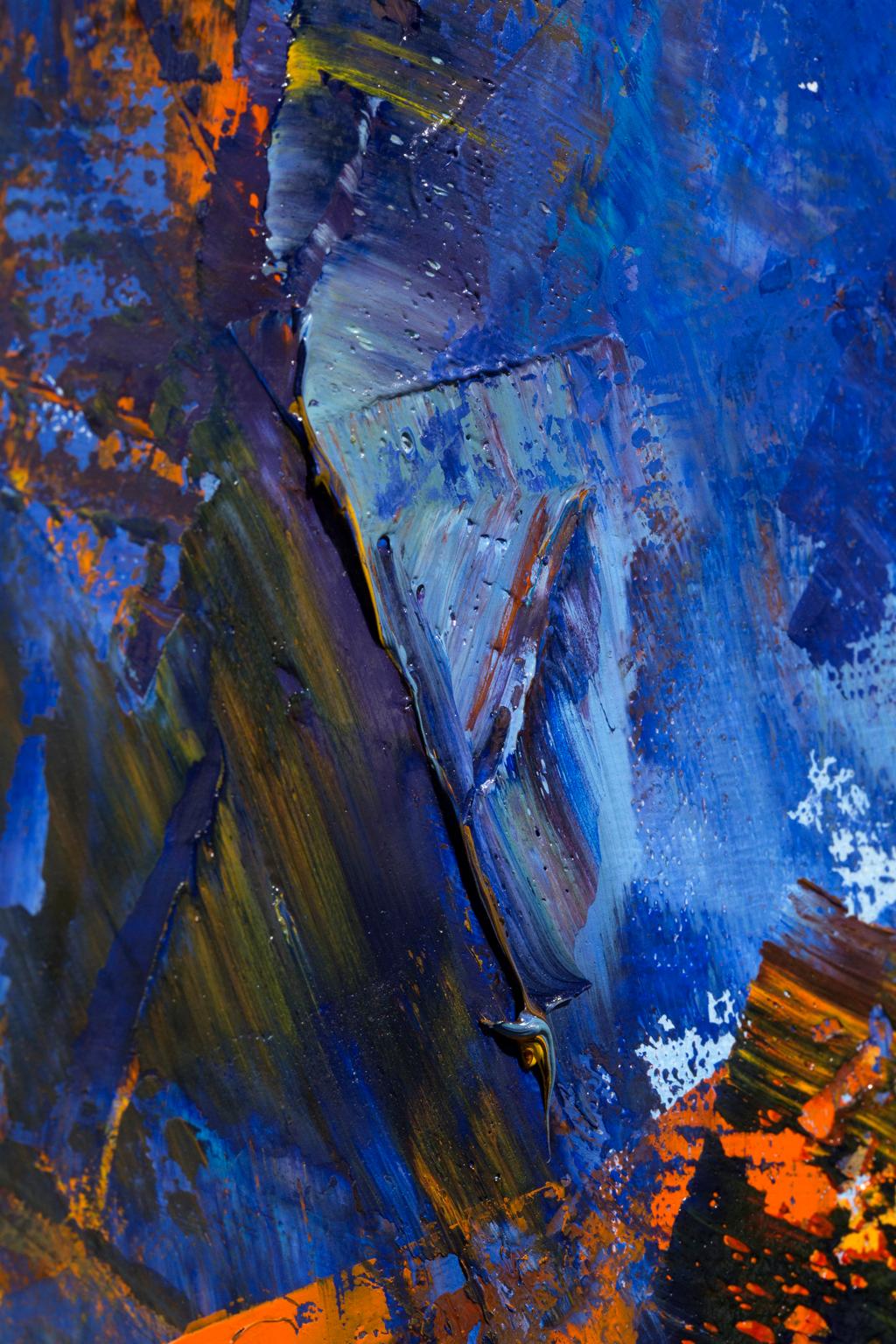 « In the Beginning », abstrait, couleurs brillantes de bleu, rouge, jaune, huile - Violet Abstract Painting par Robert Piatek