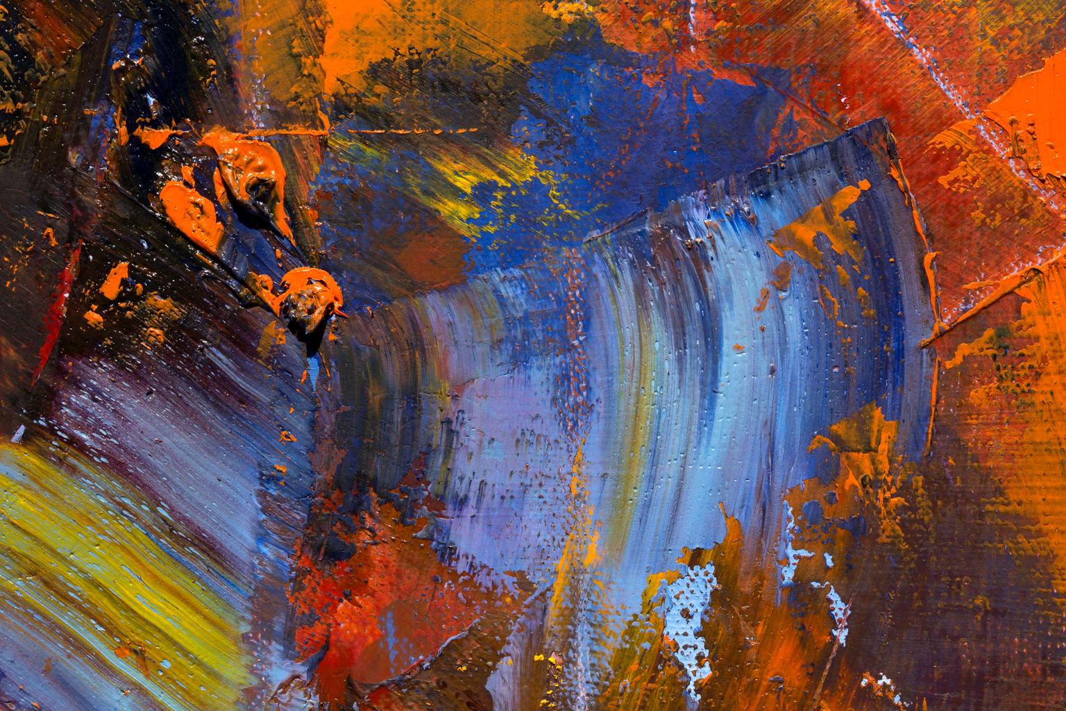 « In the Beginning », abstrait, couleurs brillantes de bleu, rouge, jaune, huile en vente 1
