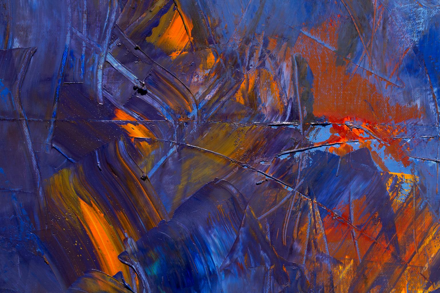 « In the Beginning », abstrait, couleurs brillantes de bleu, rouge, jaune, huile en vente 3