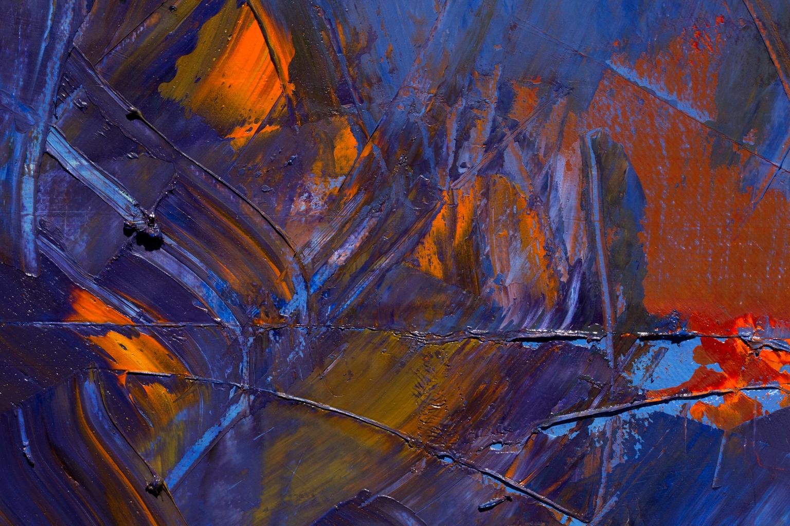 « In the Beginning », abstrait, couleurs brillantes de bleu, rouge, jaune, huile en vente 4