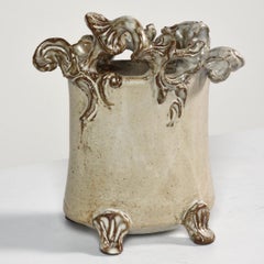 "Vaso in gres" smalto crema con decorazioni organiche, firmato