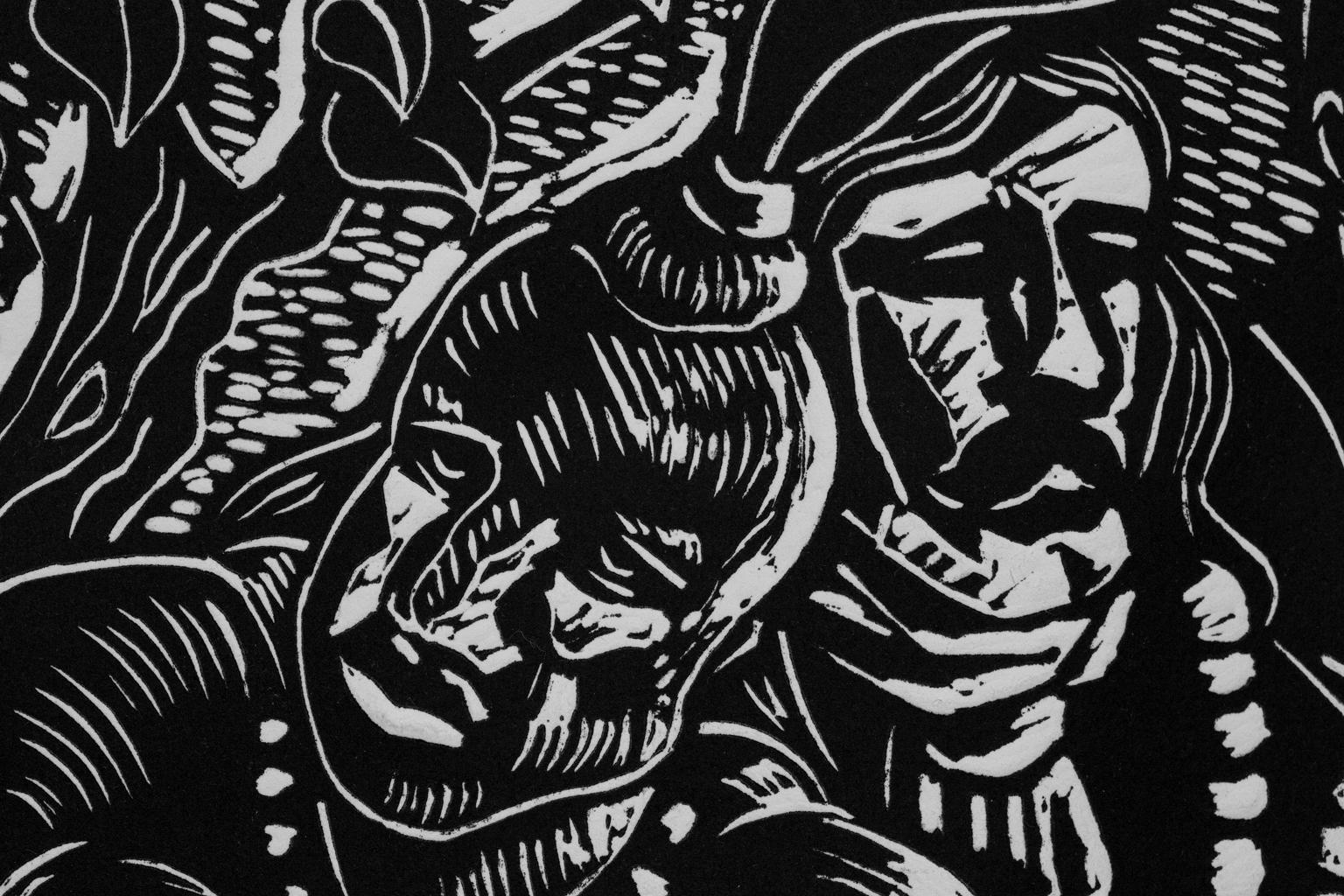 „Geschichte von Detroit“ Linoleumschliff, schwarze Tinte, afroamerikanischer Stil, Wandstil – Print von Hubert Massey