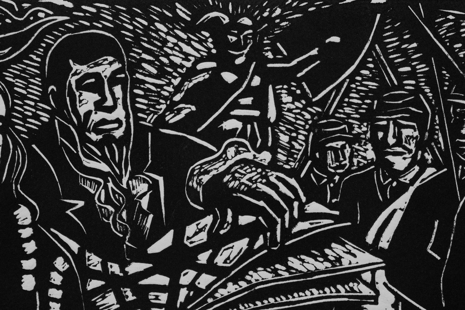 „Geschichte von Detroit“ Linoleumschliff, schwarze Tinte, afroamerikanischer Stil, Wandstil (Schwarz), Figurative Print, von Hubert Massey
