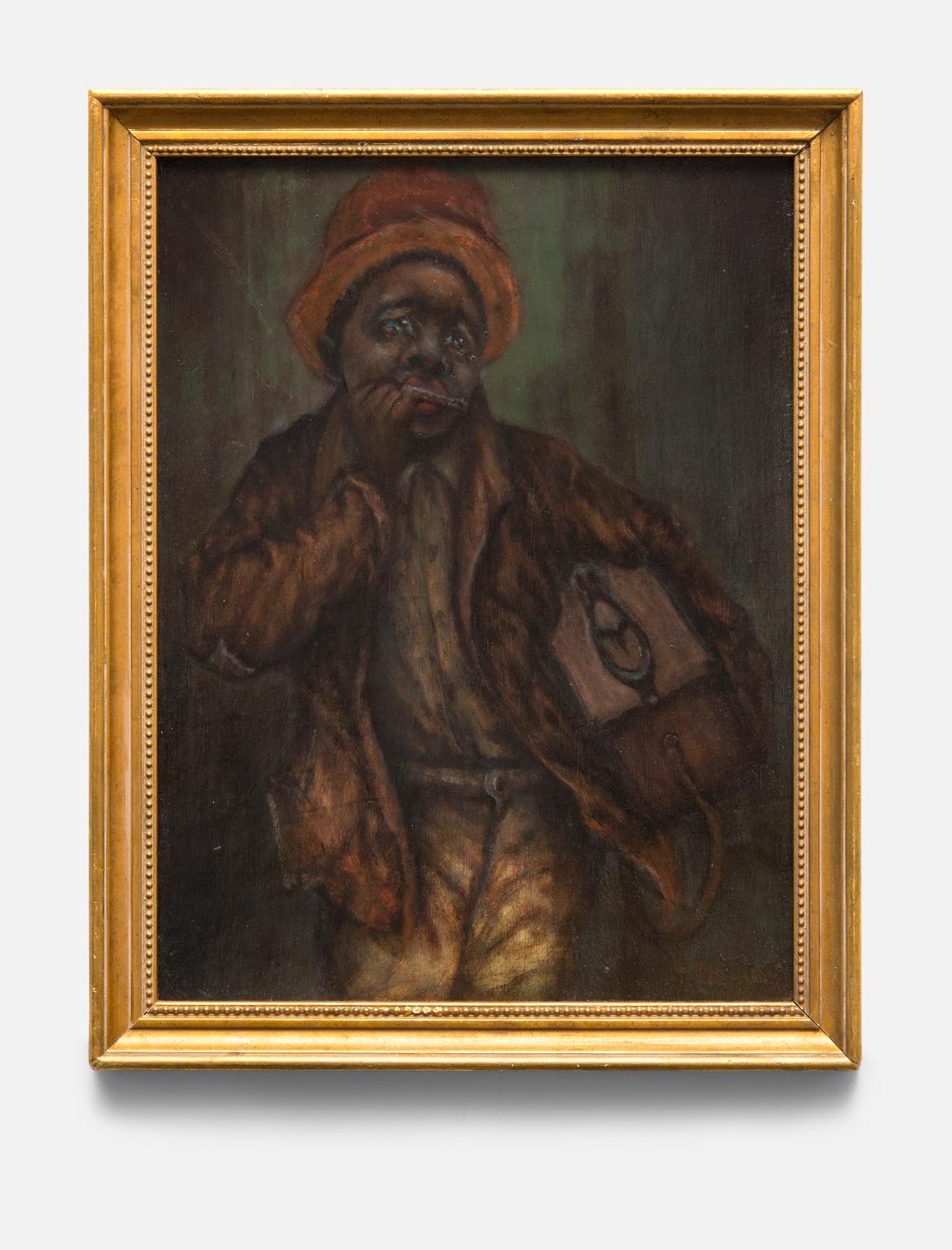 Aaron Douglas Figurative Painting - "Black Youth" Young Black Male, Harmonica, Deep Earth Tones, African American