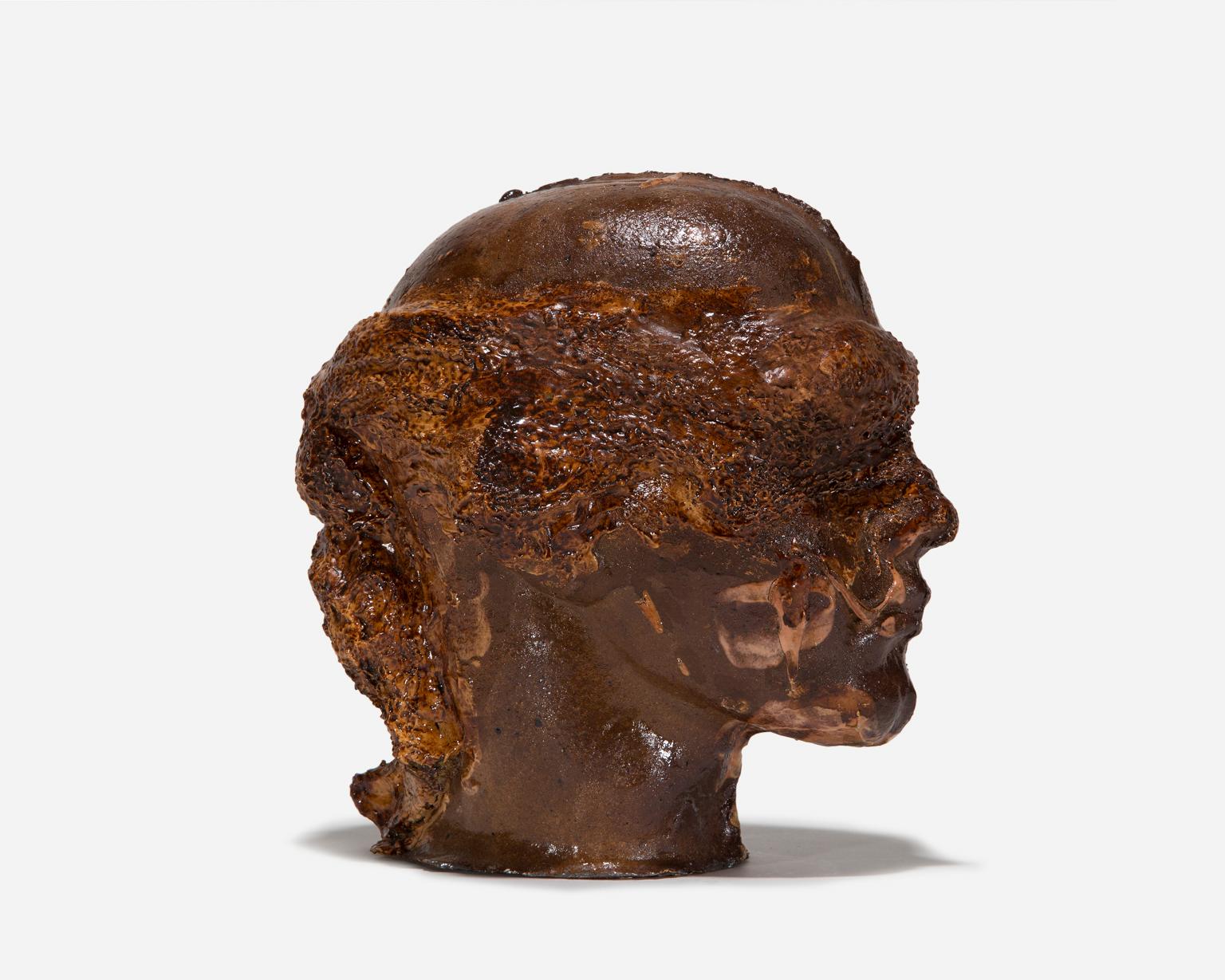 Tony Hepburn Figurative Sculpture - Life-Sized Ceramic Blindfolded Head, Russet-Colored