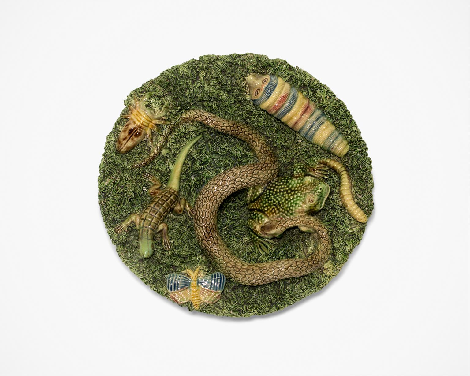 Jose A. Cunha Still-Life Sculpture - Palissy Majolica Bowl Snake Spider Frog Caterpillar Butterfly Lizard