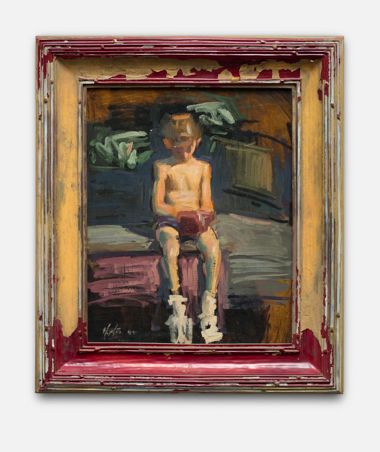 Steve Huston Figurative Painting – „Ohne Titel“ Kleines männliches Kind, gekleidet zum Schachteln, Nostalgisch, antiker Rahmen