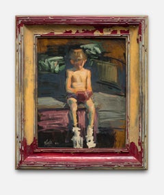 "Untitled" Small Male Child, Dressed for Boxing, Nostalgic, Antiqued Frame