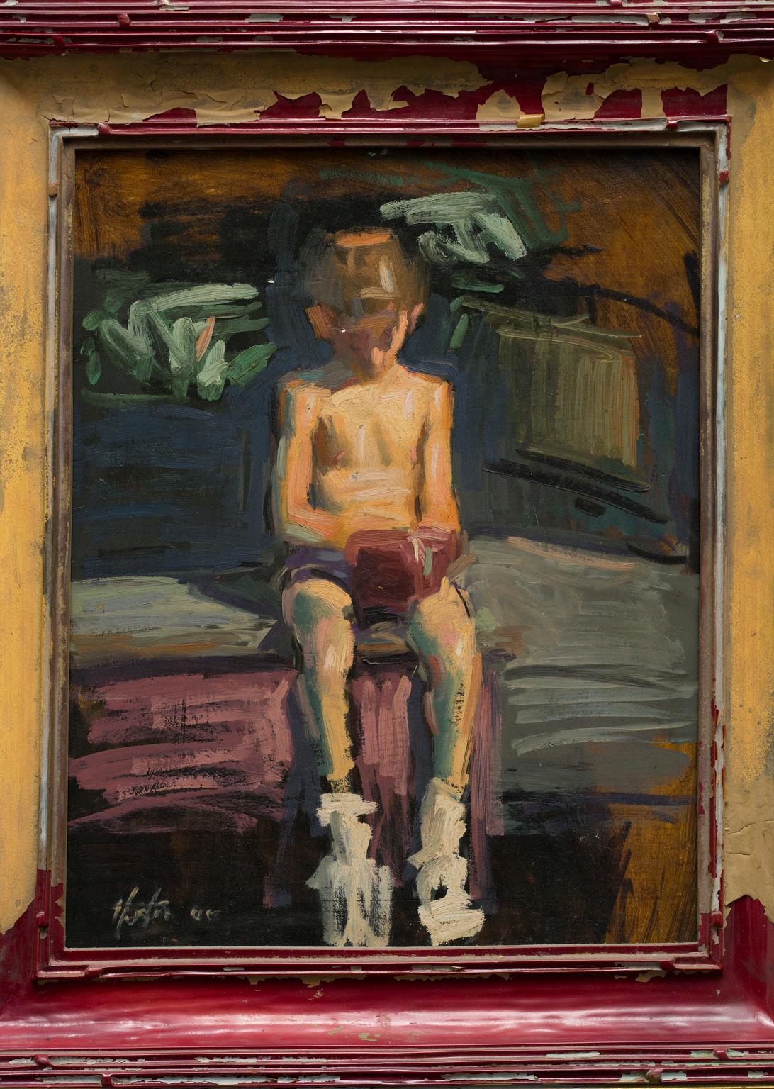 „Ohne Titel“ Kleines männliches Kind, gekleidet zum Schachteln, Nostalgisch, antiker Rahmen – Painting von Steve Huston