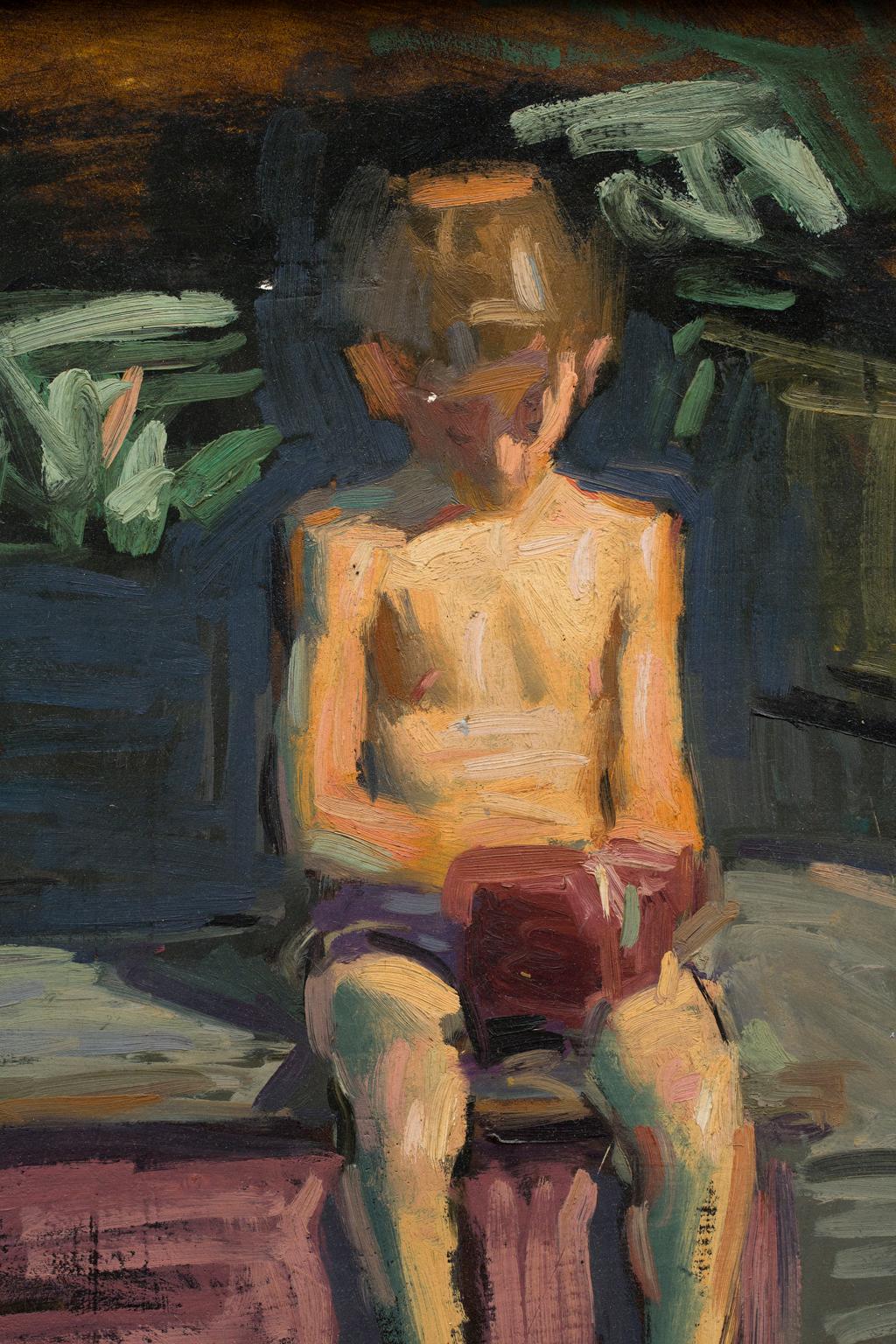 „Ohne Titel“ Kleines männliches Kind, gekleidet zum Schachteln, Nostalgisch, antiker Rahmen (Zeitgenössisch), Painting, von Steve Huston