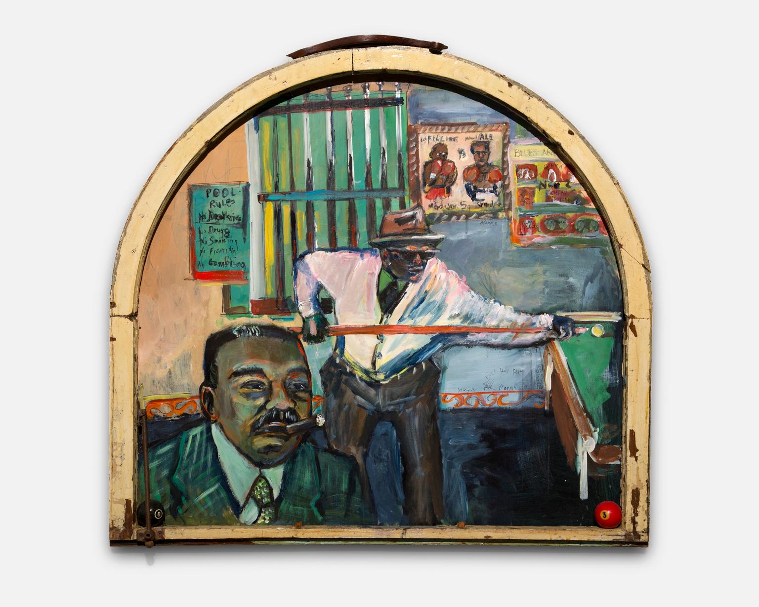 Wayne Manns Figurative Painting - "Pool Hall", Acrylic & Found Objects, African-American Outsider Artist