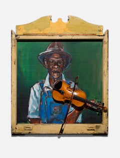 "Violin Player", Acrylic and Found Objects on Panel, African-American Subject