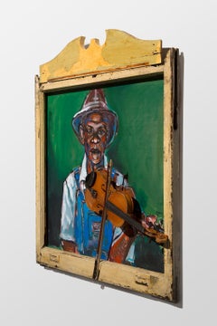 "Violin Player", Acrylic and Found Objects on Panel, African-American Subject