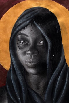 "Her Majesty" Charcoal, Acrylic, Ink on Board, Woman with Gold Nimbus