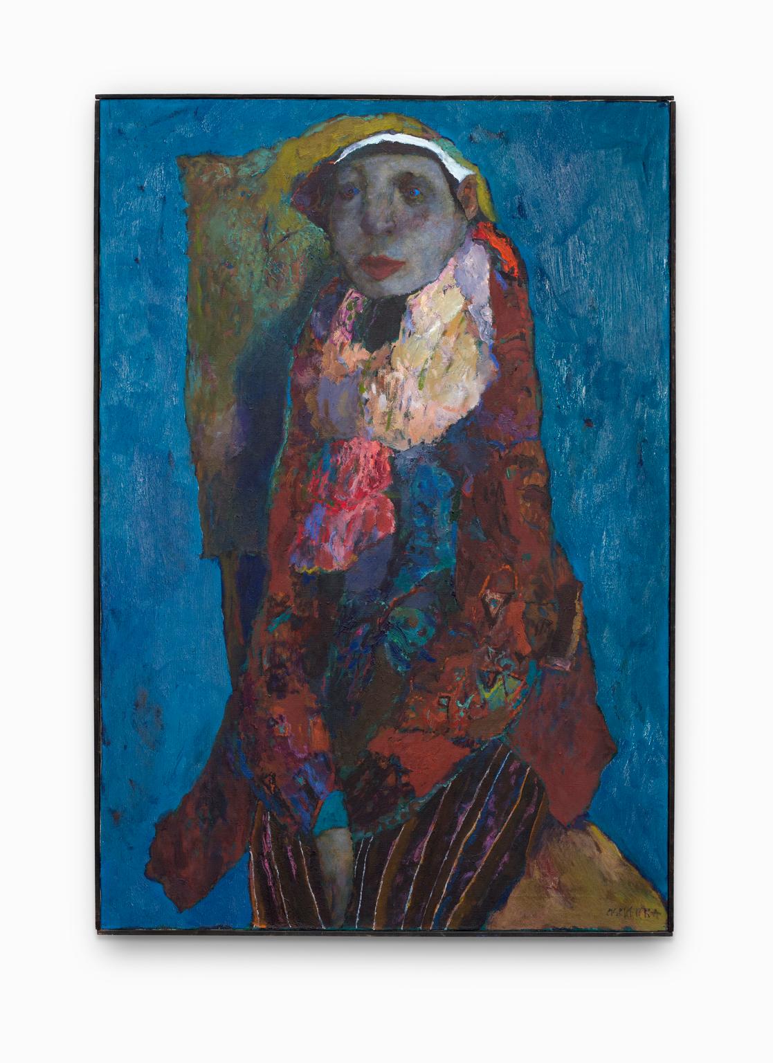 Andrey Skripka Figurative Painting – „Dahlia“, bekleidete weibliche Figur, intensiver Blau, Rot, Rot