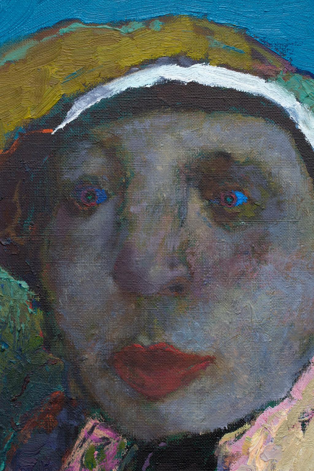 „Dahlia“, bekleidete weibliche Figur, intensiver Blau, Rot, Rot (Zeitgenössisch), Painting, von Andrey Skripka