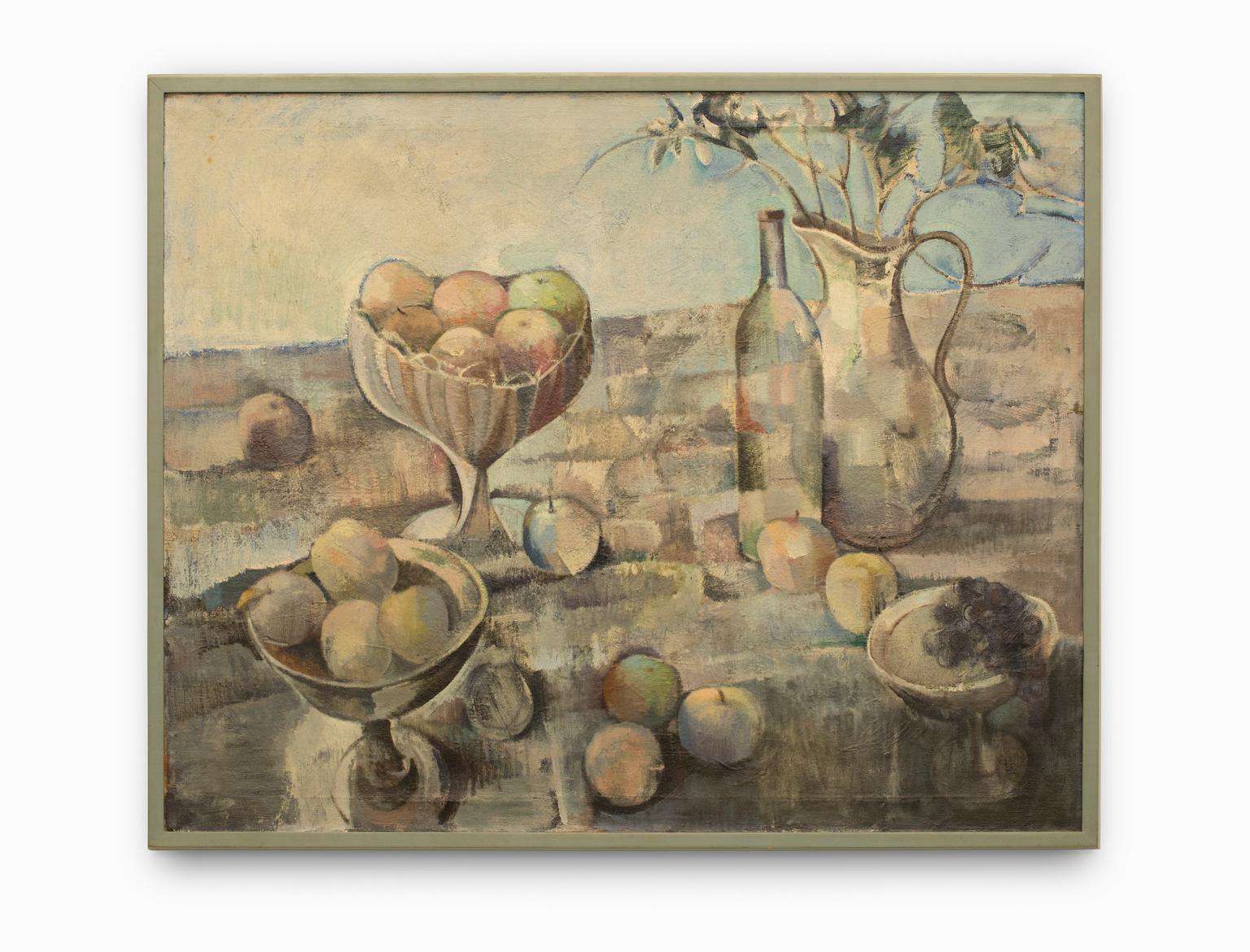 Zubel Kachadoorian Still-Life Painting - "Still Life in Landscape" Oil on Canvas, Pastel Colors, Fruit & Containers