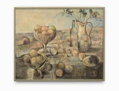 Vintage "Still Life in Landscape" Oil on Canvas, Pastel Colors, Fruit & Containers