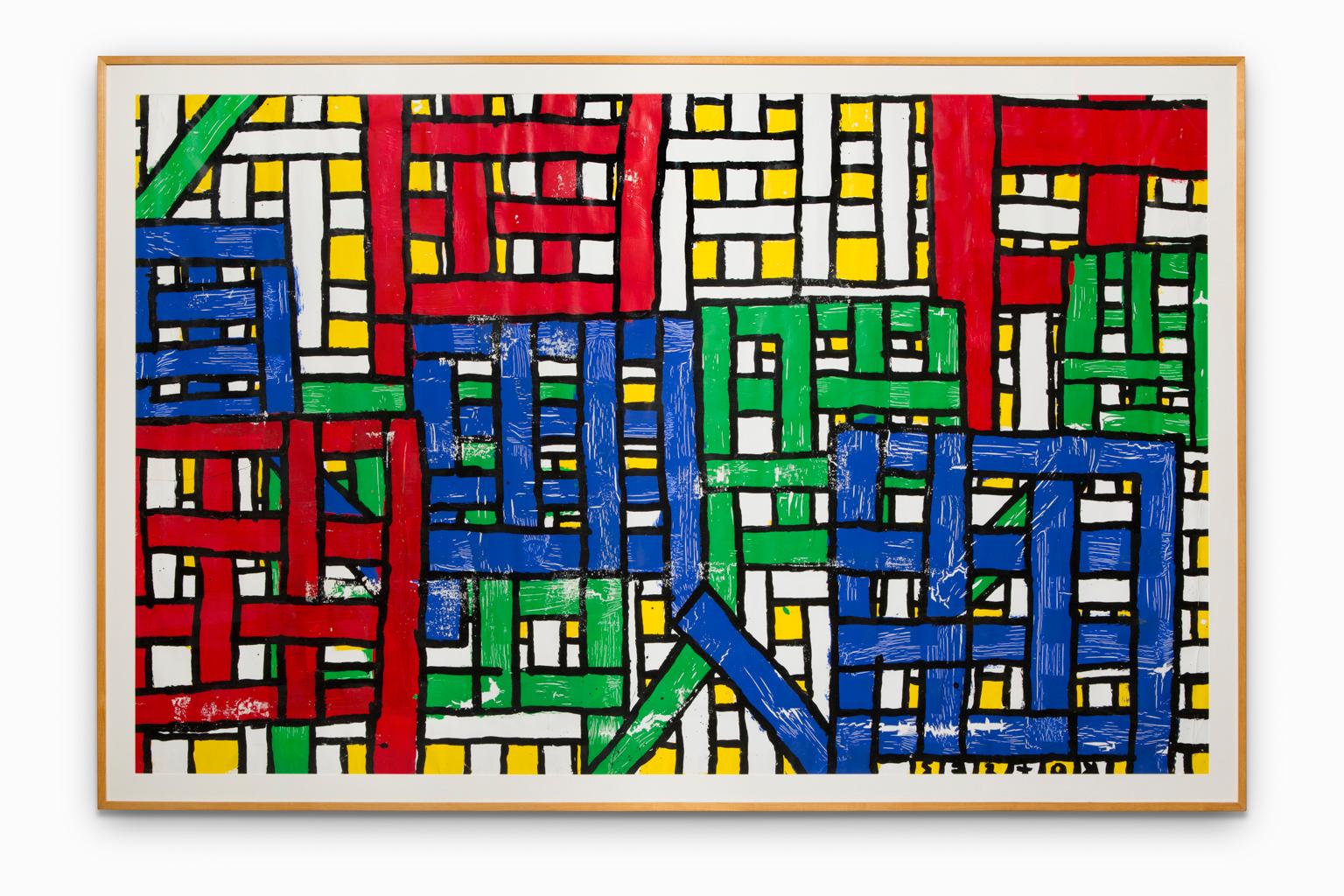 Robert Sestok Abstract Painting - "Untitled", Enamel On Paper, Red, Blue, Green, Yellow, Graphic Design	