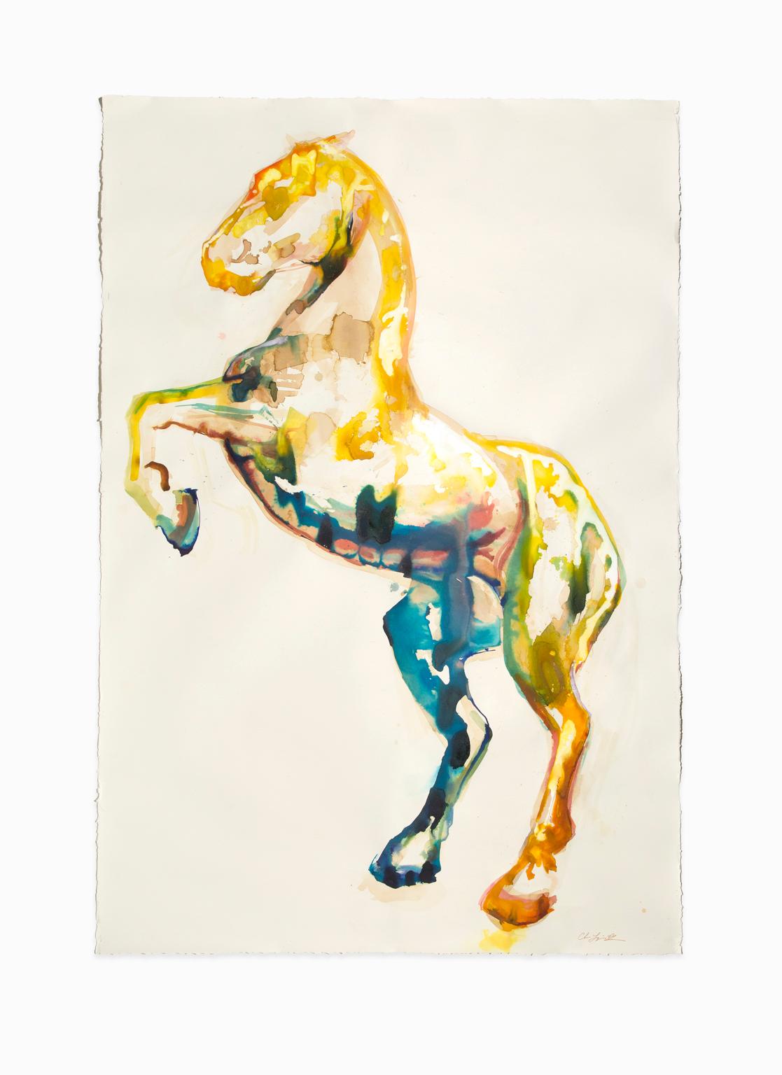 Chris Lujan Animal Painting - "Yellow Horse II", Large Mixed Medium, India Ink and Wine on Deckle BFK Paper