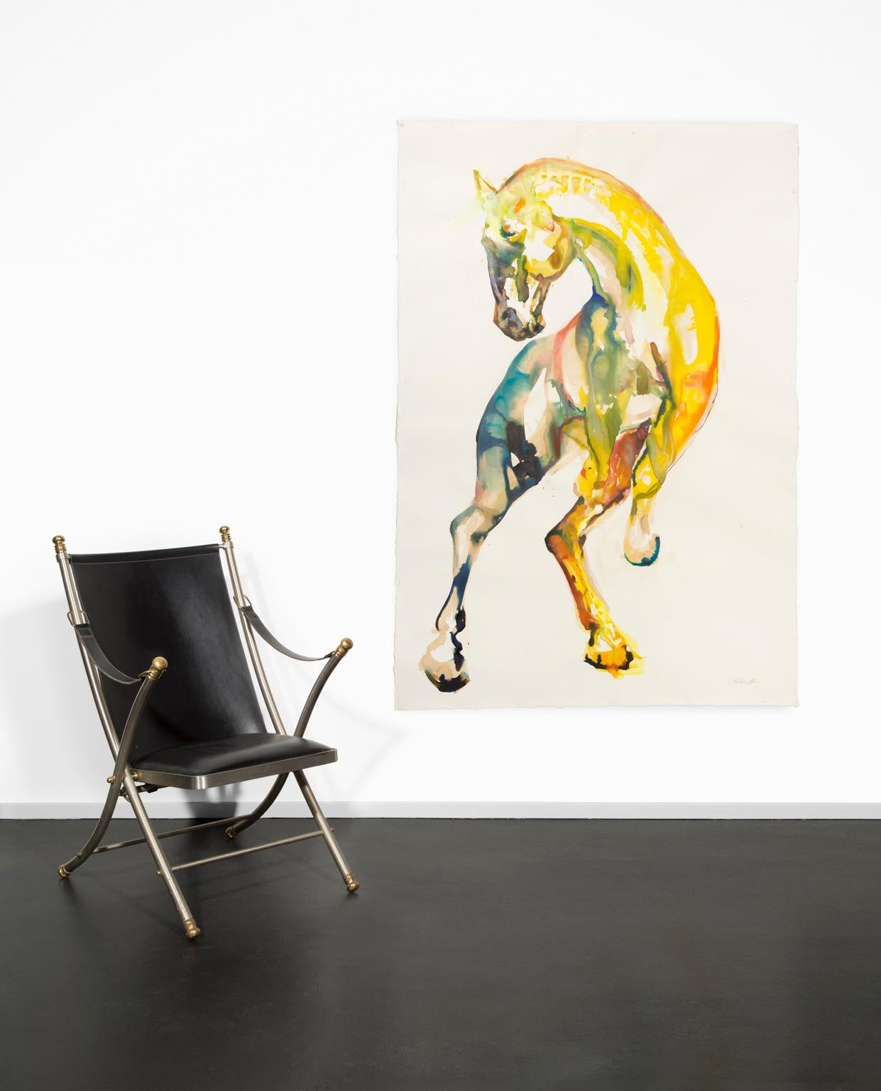 This large mixed medium painting in india ink and wine on heavyweight deckle BFK print paper depicts a yellow horse in motion, awash in a rainbow of vibrant colors. In keeping with the artist's themes of connecting the body with its animal nature,