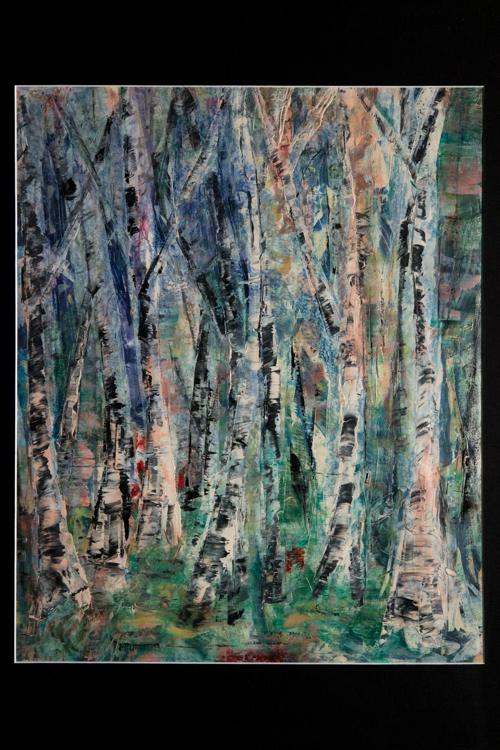 SALE ONE WEEK ONLY

“Birch Forest” is a monotype oil. The process is the simplest form of printmaking in a way because the artist does not etch or carve into a plate. Instead, a monotype is usually a one-off creation by first painting onto a flat