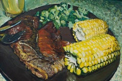 „Pork Chop and Corn“ Acryl auf Leinwand, Farben, Stillleben
