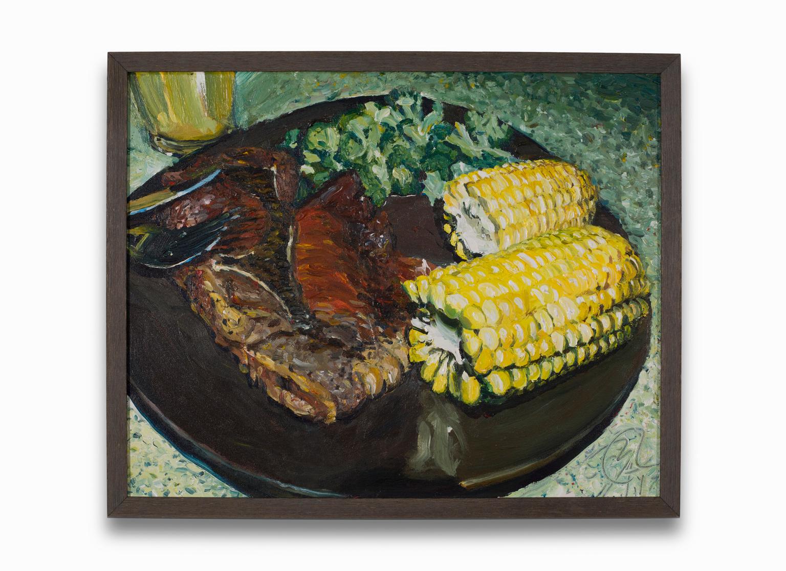 Bryant TIllman Still-Life Painting - "Pork Chop and Corn" Acrylic on Canvas, Colors, Still-Life